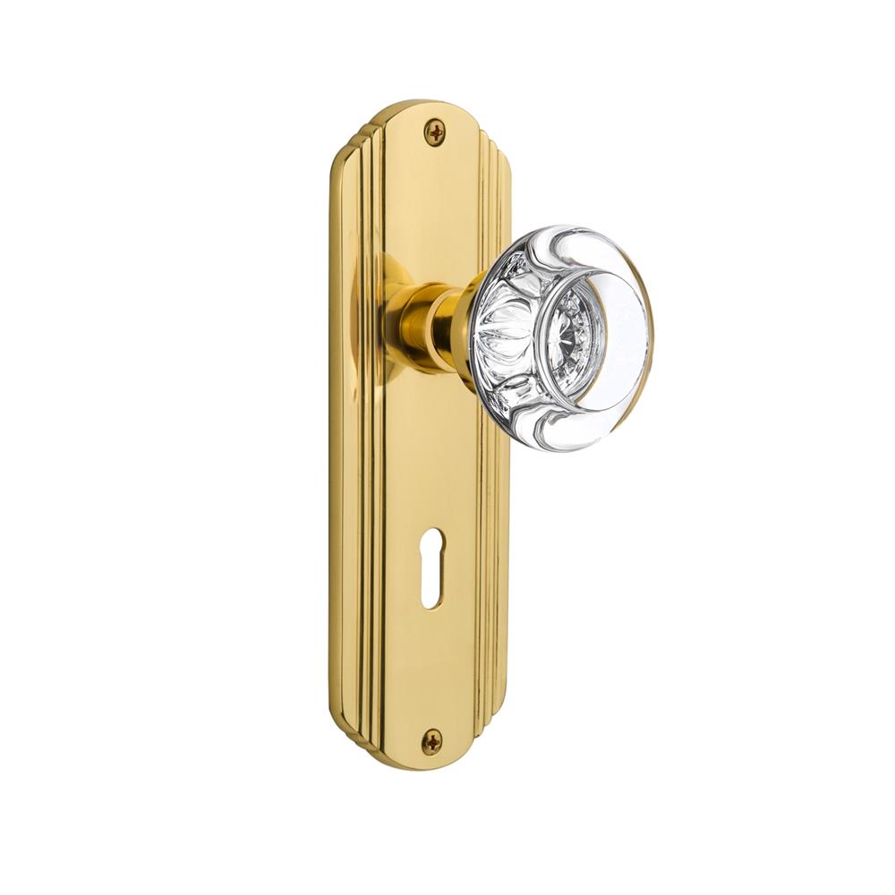 Nostalgic Warehouse DECRCC Passage Knob Deco Plate with Round Clear Crystal Knob with Keyhole in Polished Brass